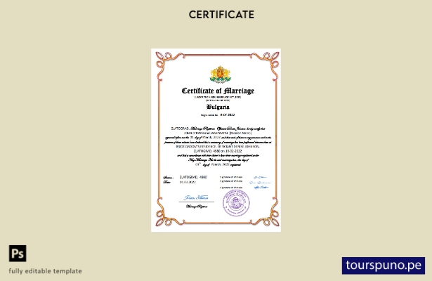 Listado para imprimir Certificado de matrimonio de Bulgaria Plantilla en Word y
