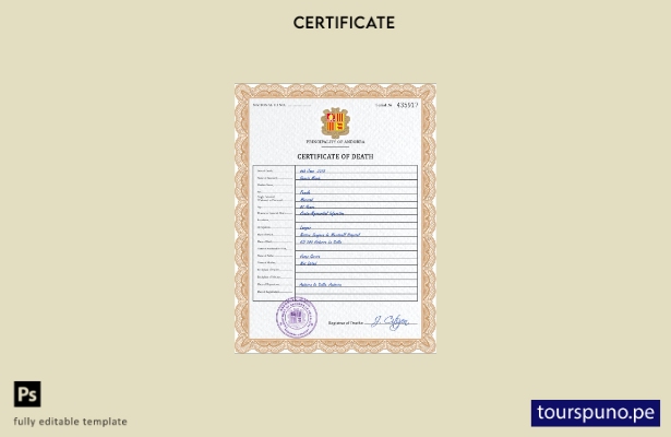 Plantilla PSD de certificado de defunción de Andorra lista para imprimir