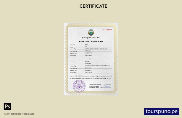 Plantilla PSD de certificado de matrimonio de Costa Rica lista para imprimir
