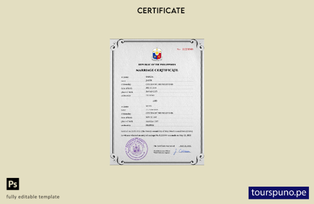 Plantilla PSD de certificado de matrimonio de Filipinas lista para imprimir