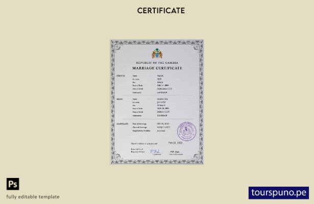 Plantilla PSD de certificado de matrimonio de Gambia lista para imprimir