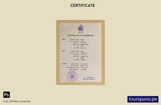 Plantilla PSD de certificado de matrimonio de Islandia lista para imprimir