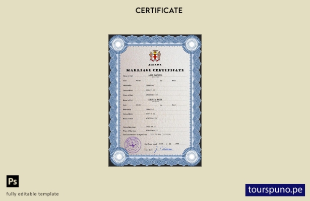 Plantilla PSD de certificado de matrimonio de Jamaica lista para imprimir