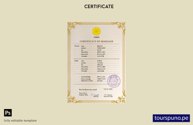 Plantilla PSD de certificado de matrimonio de Japón listo para imprimir