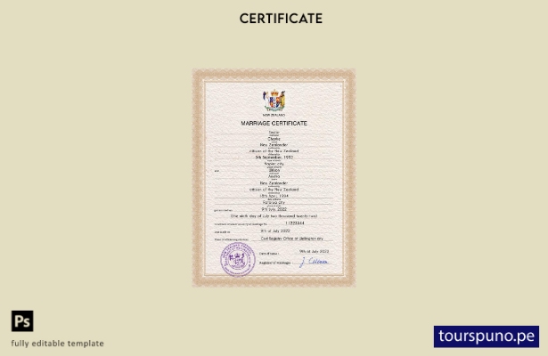 Plantilla PSD de certificado de matrimonio de Nueva Zelanda lista para imprimir