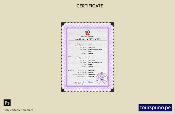 Plantilla PSD de certificado de matrimonio de Perú listo para imprimir