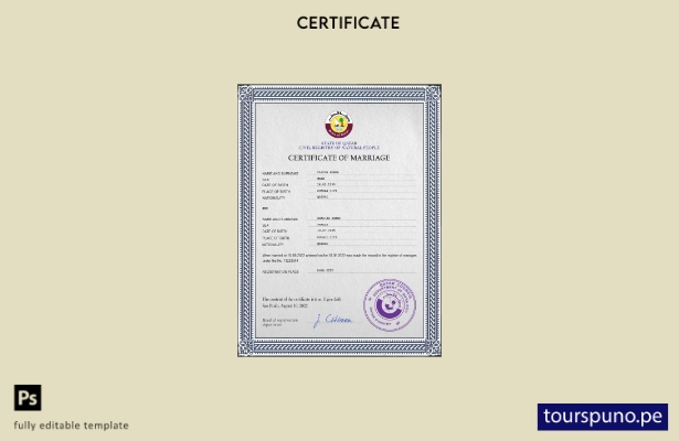 Plantilla PSD de certificado de matrimonio de Qatar lista para imprimir