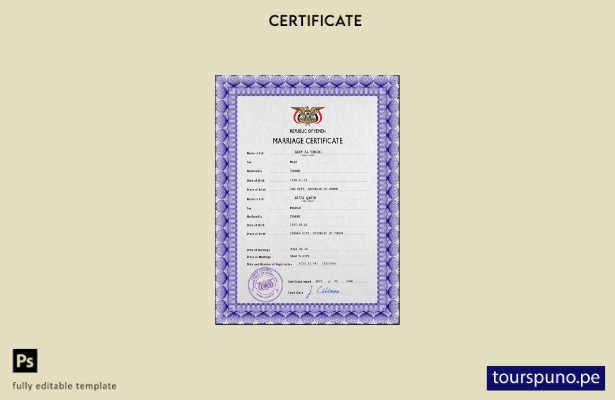 Plantilla PSD de certificado de matrimonio de Yemen lista para imprimir