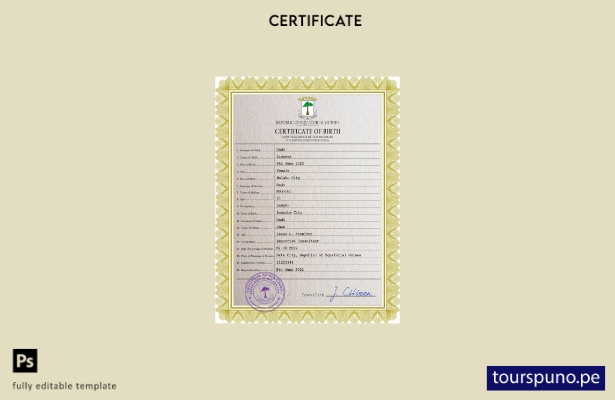 Plantilla PSD de certificado de nacimiento de Guinea Ecuatorial lista para impri