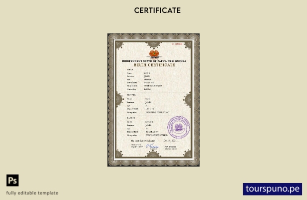 Plantilla PSD de certificado de nacimiento de Papúa Nueva Guinea lista para impr