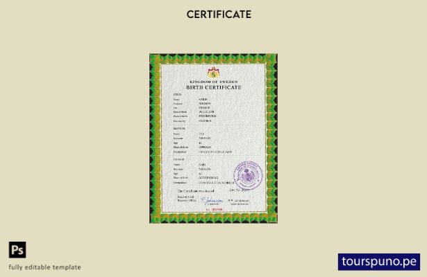 Plantilla PSD de certificado de nacimiento de registro civil de Suecia lista par
