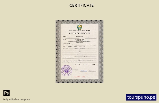 Plantilla de certificado de defunción de Uzbekistán lista para imprimir