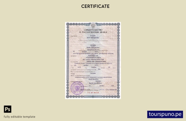 Plantilla de certificado de divorcio de Rusia (Orenburg) lista para imprimir
