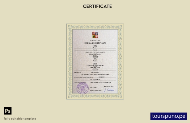 Plantilla de certificado de matrimonio de Chequia lista para imprimir