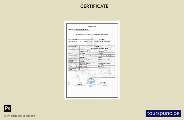 Plantilla de certificado de matrimonio de Montenegro (Crna Gora) lista para impr