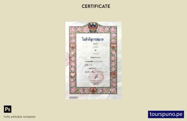 Plantilla de certificado de matrimonio de Tailandia lista para imprimir