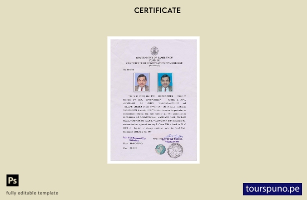 Plantilla de certificado de matrimonio lista para imprimir INDIA (TAMIL NADU)