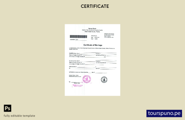 Plantilla de certificado de matrimonio lista para imprimir de los tribunales de