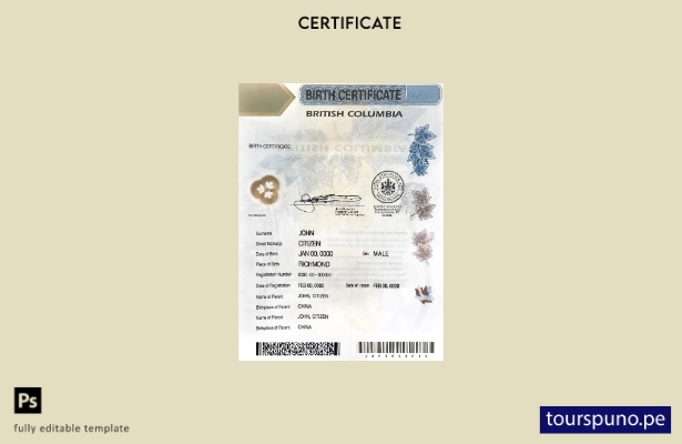 Plantilla de certificado de nacimiento de Canadá, Columbia Británica, lista para