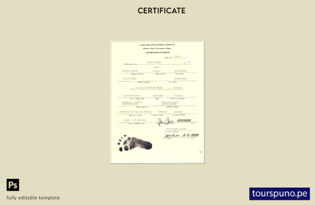 Plantilla de certificado de nacimiento de Kenia lista para imprimir en formato P