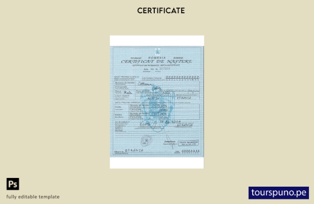 Plantilla de certificado de nacimiento de Rumania lista para imprimir