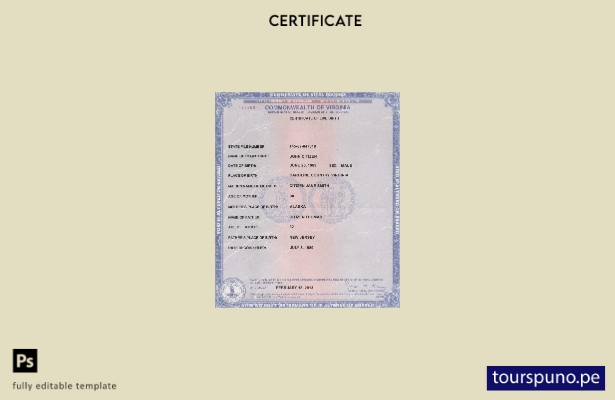 Plantilla de certificado de nacimiento de Virginia de EE. UU. lista para imprimi
