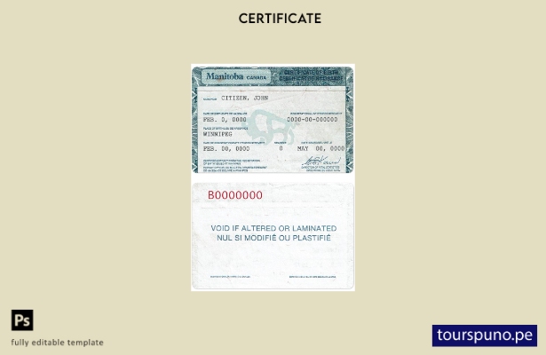 Plantilla de certificado de nacimiento de la provincia de Canadá Manitoba lista