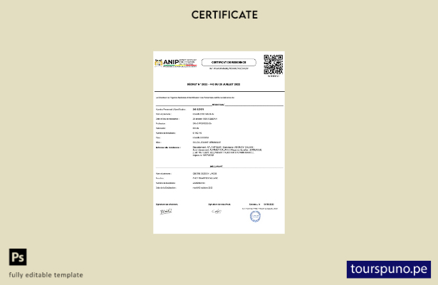 listo para imprimir Benín ANIP Plantilla de certificado de residencia de la Agen
