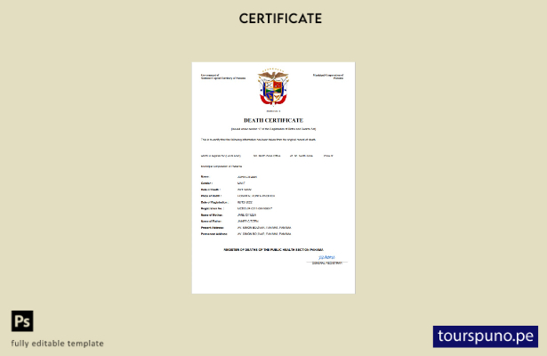 listo para imprimir Certificado de defunción de Panamá Plantilla Word y PDF
