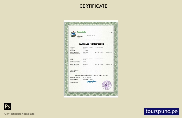 listo para imprimir Certificado de matrimonio de Cuba Plantilla Word y PDF