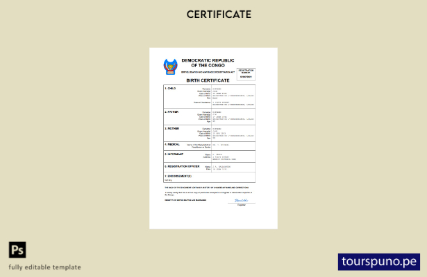 listo para imprimir Certificado de nacimiento de la República Democrática del Co
