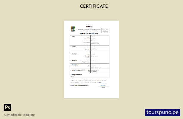 listo para imprimir India registro vital certificado de nacimiento Plantilla de