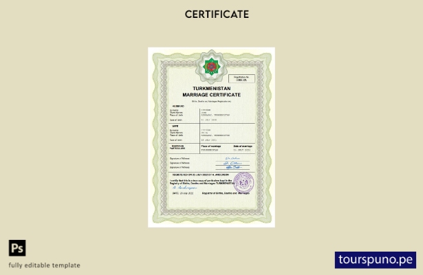 listo para imprimir Plantilla de plantilla de certificado de matrimonio de Turkm