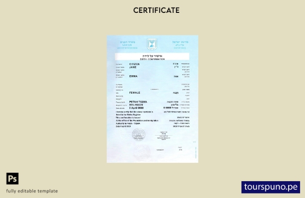 listo para imprimir certificado de confirmación de nacimiento de Israel plantill