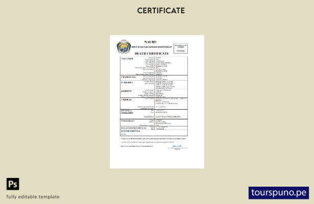 listo para imprimir certificado de defunción de Nauru Plantilla en Word y PDF