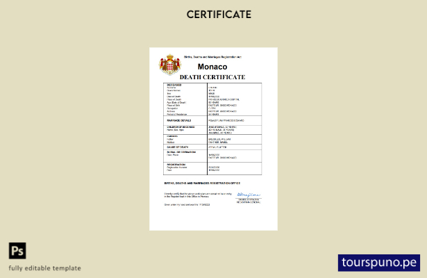 listo para imprimir certificado de desaparición del registro civil de Mónaco Pla