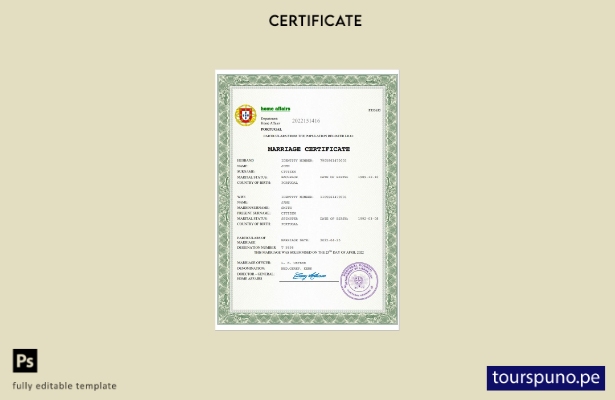 listo para imprimir certificado de matrimonio de Portugal Plantilla en Word y PD