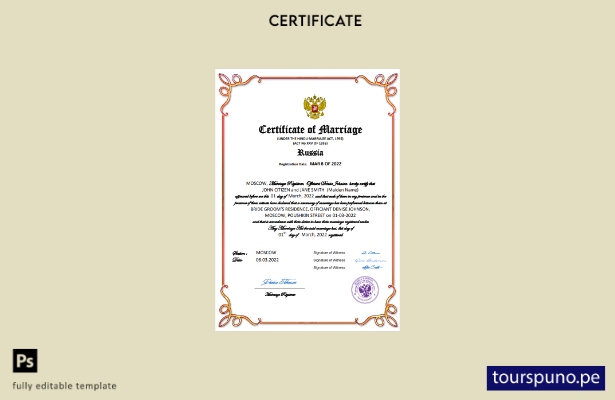 listo para imprimir certificado de matrimonio de Rusia Plantilla en Word y PDF