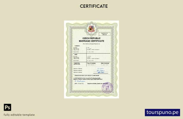 listo para imprimir certificado de matrimonio de la República Checa Plantilla en