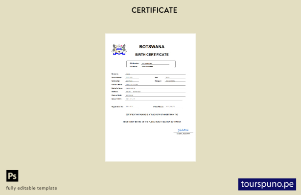 listo para imprimir certificado de nacimiento de Botswana Plantilla en Word y PD