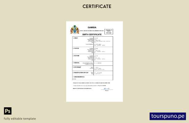 listo para imprimir certificado de nacimiento de Gambia Plantilla en Word y PDF