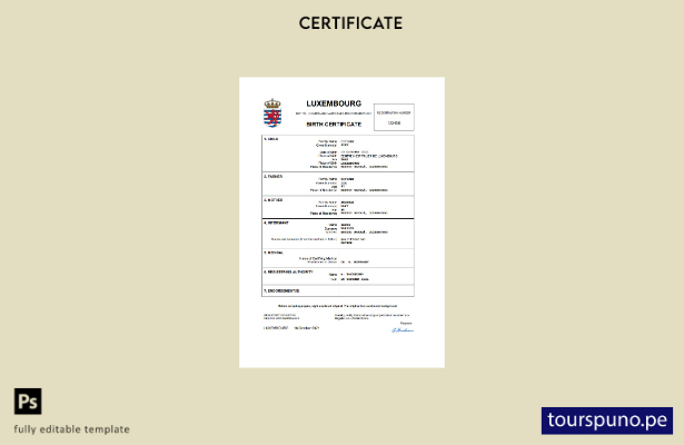 listo para imprimir certificado de nacimiento de Luxemburgo Plantilla Word y PDF