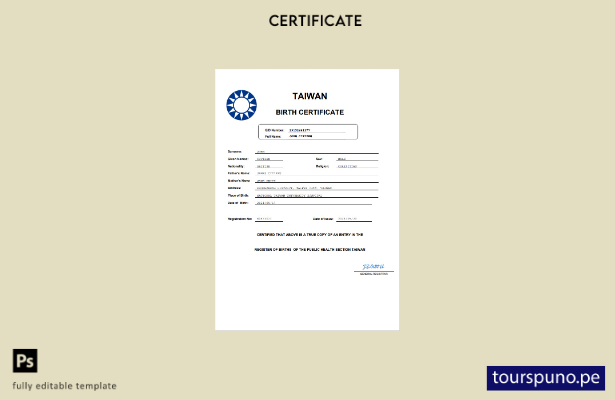 listo para imprimir certificado de nacimiento de Taiwán en plantilla de formato