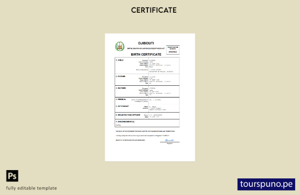 listo para imprimir certificado de nacimiento de Yibuti Plantilla en Word y PDF