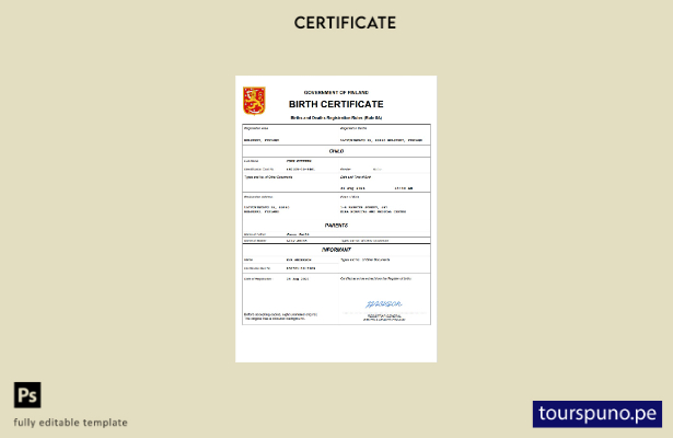 listo para imprimir certificado de nacimiento del registro civil de Finlandia Pl