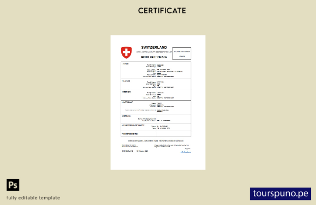 listo para imprimir certificado de nacimiento del registro civil de Suiza Planti