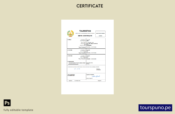 listo para imprimir certificado de nacimiento del registro civil de Tayikistán P