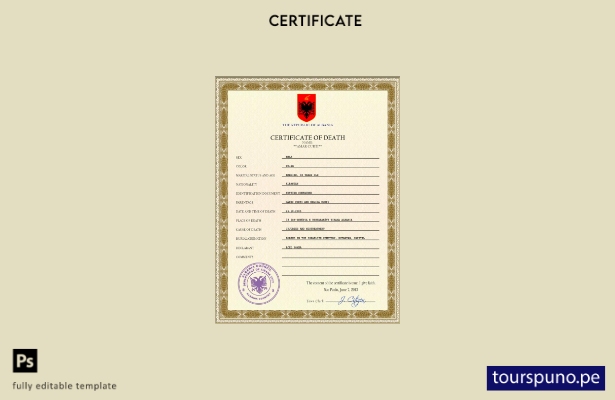 listo para imprimir la plantilla PSD del certificado de defunción de Albania