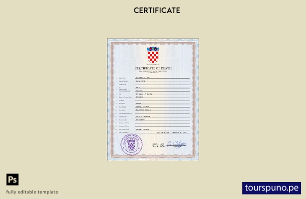 listo para imprimir la plantilla PSD del certificado de defunción de Croacia