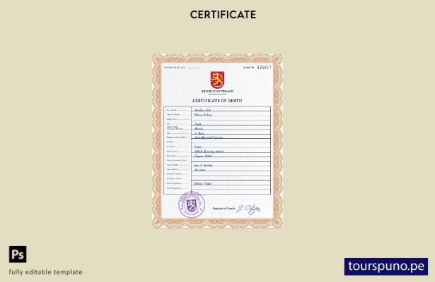 listo para imprimir la plantilla PSD del certificado de defunción de Finlandia